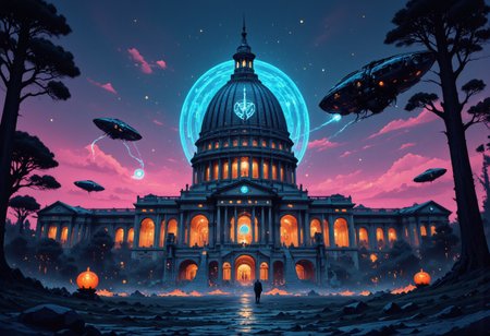 A digital artwork in the style of cknc: an intricate, high-contrast Shinto shrine nestled in misty mountain terrain at sunset. A long staircase with tori gates ascends through rocky woodland towards the shrine, depicted in a busy vector cartoon illustration with refulgent, hyphae-like, indigo blue, galactic elements in a British comic style. Features an exhausted, romantic, mystifying, rapid-fire, concave conceptual futuristic gothic hardsurface device design on a table, within a moody repair shop aesthetic by California, set in dystopian and surreal surroundings.
Alternatively, the U.S. Capitol Building is reimagined as the futuristic headquarters of the Weyland-Yutani Corporation. Classical architecture blends seamlessly with sleek, technological enhancements, creating a cyberpunk aesthetic. The dome displays the glowing Weyland-Yutani logo, signifying corporate dominance. Neon corporate advertisements illuminate the night sky, contrasting with the landmark's metallic marble facade and transparent aluminum windows. Durable, synthetic materials reinforce the columns. Aerial vehicles streak across the image, while a colossal holographic dragonfly spaceship hovers above. The grounds are a bustling hub of robotic workers and augmented reality users. The scene juxtaposes the past and present, symbolizing corporate power intertwined with political history, redefining the skyline.