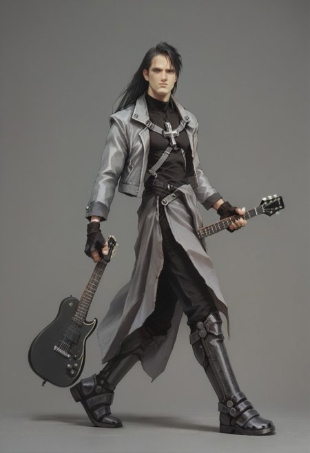score_9, score_8_up, score_7_up, hugbaldw, cutoff jacket, body harness with holy cross design, long black hair, charcoal greaves, gray skirt, black shirt, black pants, black fingerless gloves, long legs, slender legs, holding electric guitar