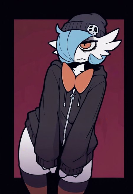 Masterpiece, best quality, aesthetic, high resolution, 1girl, anthro, solo, female, femboy, girly, Mega Gardevoir, emo, dark eyeshadow, orange eyes, blue hair, dark eye circles, black hoodie, bottomless, beanie, thighhighs, Vanripper