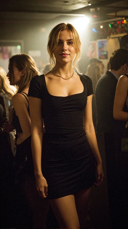 A hyper-realistic, cinematic portrait of a confident woman standing in a dimly lit nightclub, captured in soft, atmospheric lighting. She is posed naturally, standing slightly angled toward the camera with a relaxed, composed expression. Her gaze is calm and self-assured, with a faint, knowing smile on her lips. She has flawless skin with a warm, golden undertone, illuminated by the low ambient light around her. Her eyes subtly reflect the scattered coloured lights in the background, lending them depth and realism.

Her blonde hair is styled loosely, softly framing her face and flowing gently over her shoulders. Individual strands of hair catch the backlight, producing a delicate halo effect that separates her from the shadowy background. The lighting is cinematic, with a soft spotlight gently highlighting her figure while retaining moody contrast around the edges. Subtle skin texture and realistic lighting gradients on her shoulders and collarbone create a rich, tangible presence.

She is wearing a tight, ruched black cocktail dress with a square neckline, which elegantly accentuates her silhouette. The fabric is matte and subtly textured, clinging naturally to her form and showing soft, realistic wrinkles and folds. The short sleeves and neckline are rendered with natural stretch and shadowing, and a thin gold chain necklace around her neck catches the light, adding a touch of glamour without overpowering her understated elegance, she is wearing black pump shoes.

In the background, a blur of clubgoers is visible—figures in soft focus and dim, coloured lighting. Hazy golden spotlights filter through smoke or mist, evoking the atmospheric energy of a busy underground venue. Slight reflections and bokeh effects hint at colourful LED lighting, and wall art or posters add chaotic, vibrant texture without distracting from the subject.

The overall tone is warm, cinematic, and sensual—designed to evoke both the intimacy of a candid portrait and the style of a fashion editorial. The image should feel like a moment frozen in time: glamorous, real, and alive with subtle detail. Realistic depth-of-field, ambient occlusion around the contours of her body, and precise skin shading elevate the image from stylised to truly photo-real.

The image is vertically composed in 2:3 aspect ratio to resemble professional fashion photography, with high-resolution realism and advanced character detail. Skin microtextures, subtle makeup cues, and the tactile rendering of clothing and jewellery are emphasised for authenticity. The mood is effortlessly chic, confident, and modern.