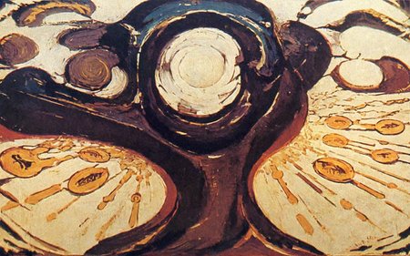expressionism \(style\),symbolic painting \(genre\) ,<lora:david-alfaro-siqueiros_pony_v1:1> ' symbols ' by Siqueiros David Alfaro in 1944,, score_9, score_6_up, score_7_up