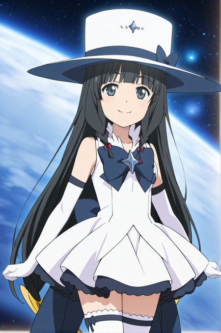 masterpiece, best quality, highres, newest, 1girl, solo, official style, anime screencap, <lora:Itsuki:1>, itsuki, black hair, grey eyes, twinbraids, magical girl, white hat, blue bow, white dress, white elbow gloves, white thighhighs, smile, cowboy shot, space,