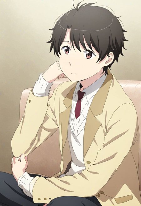 high resolution, solo, best quality, 1Boy, Inaho Kaizuka, Black Hair, Brown Eyes, deep talk, helpless, sit, couch, OverallDetail