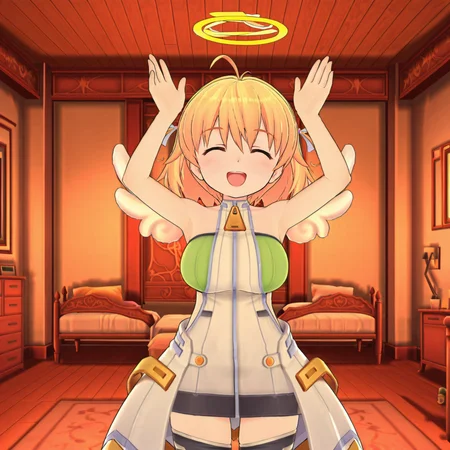 HDA_MasterpieceXL_v1.2, indoors, bedroom, focus on upper body,  <lora:Yuna_-_Ore_ga_Shujinkou_I_am_the_Hero:1> Yunaimhero, blue eyes, blonde, large breasts, ahoge, angel wings, halo, bridal gaunlets, hair ribbons, bare shoulders, black thighhighs, skirt, zipper, <lora:caramelldansenPose_Illustrious_Mlaofmd:1> caramelldansen, arms up, closed eyes, :D, happy, smile