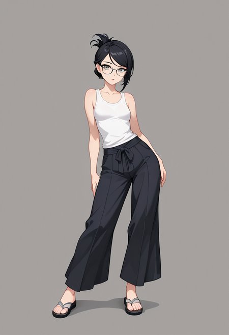 lazypos, 1girl,  small breasts, black hair, folded ponytail, gray eyes, glasses, swept bangs, (purple eyeshadow:0.5), contrapposto, sandals, wide pants, white tank top
