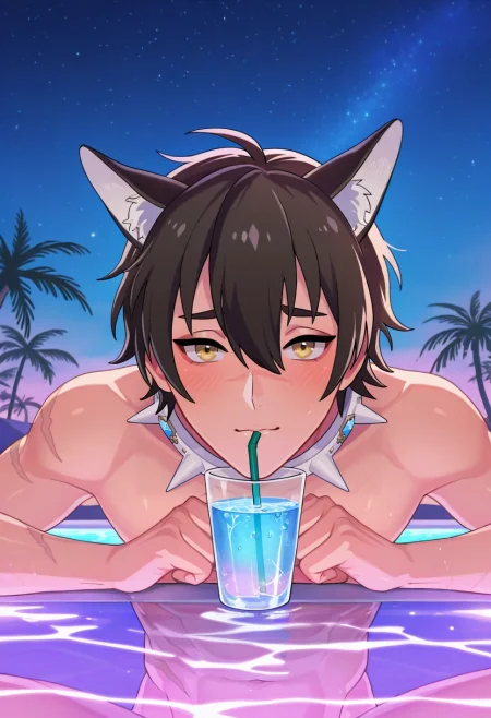 masterpiece, best quality, , (realistic:0.6), looking at viewer, , 1boy, solo, male focus, <lora:garu_nu_carnival_ilxl:0.94>, garu_nu_carnival, black hair, yellow eyes, short hair, animal ears, scar, hair between eyes, , , desert oasis, palm trees, clear pool, starry sky, drinking water, relieved expression, night,