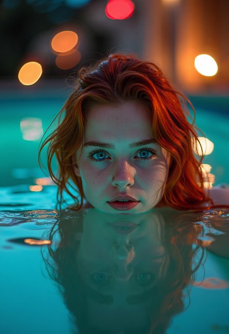 a highly detailed, professional photograph featuring a young woman submerged up to her shoulders in a pool at night, the woman has fair skin and striking red, wavy hair that cascades around her shoulders, her eyes are large and expressive, with a vivid blue hue, and her lips are full and naturally pink, she has a delicate, almost ethereal facial structure with high cheekbones and a slight blush on her cheeks, giving her a youthful and radiant appearance, the background is blurred, with bokeh lights in various colors, creating a dreamy, ethereal atmosphere, the pool water is a vibrant turquoise, reflecting the lights and creating a mirror-like effect around her, reflecting her face on the surface of the pool, not showing what's underwater, the overall composition is dynamic, with the woman's head and shoulders partially submerged in the water, and the background slightly out of focus, adding depth and a sense of mystery to the image, the lighting is soft and diffused, enhancing the ethereal quality of the scene