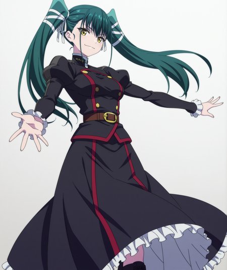 official art, absurdres, highres, anime coloring, hi res, best quality, masterpiece, 2d, intricate details, 4k,
1girl, solo, long hair, bangs, black hair, bow, twintails, yellow eyes, hair bow, green hair,
breasts, medium breasts, shirt, long sleeves, jacket, belt, black jacket, uniform, military, military uniform, juliet sleeves, frilled sleeves,
skirt, long dress, long skirt, black skirt, frilled skirt, boots,
looking at viewer,
depth of field, white background, gradient background, <lora:Yachiho_Azuma_ILXL:1>, mato seihei no slave, azuma yachiho,