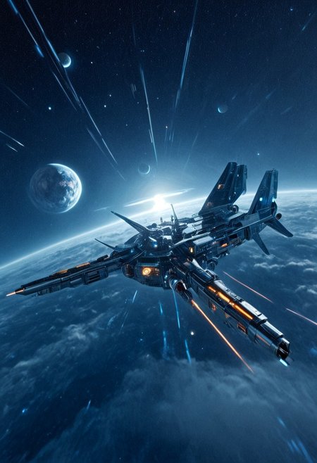 h0rr0rstyl3, CosmicStyle, mid-range orbital shot, sleek chrome spacecraft, corporate-controlled patrol vessels, retrofuturist designs, Cold War-era lines blended with alien engineering, rotating gravity rings, dynamic thruster arrays, flaring blue exhaust trails, soft-glow lighting under sensor domes, neon-coded serial markings, angular symmetry, drifting over cloud-covered exoplanet, interstellar corporate security, industrial sci-fi aesthetics, clean paneling with minimal distress, silent formation flight, strategic surveillance positions, dusk-light horizon shimmer