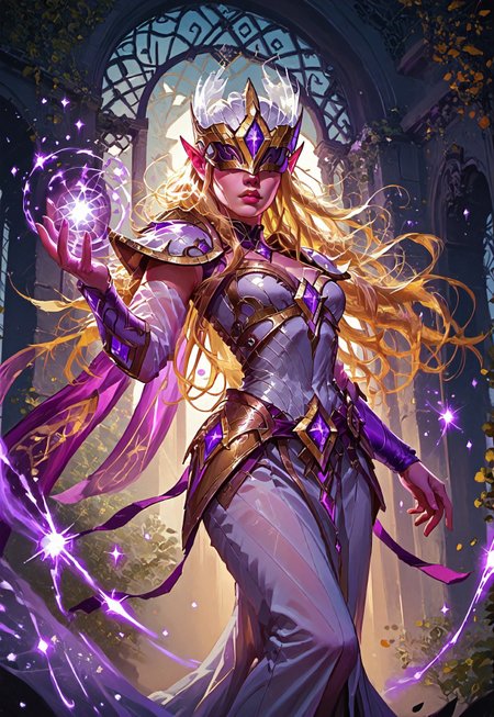((zPDXL3)), ((masterpiece,best quality, highly detailed)), ((score_9)), score_8_up, score_7_up, score_6_up, score_5_up, score_4_up, Digital painting style, brushstrokes, ((EnhanceImage)), solo, 1girl, IlumiaAOVXL, blonde hair, sidelocks, long hair, pointy ears, covered eyes, helmet, helmet with purple jewel, large breasts, purple cape, golden armor, shoulder armor, cleavage, breastplate, white dress, armored dress, vambraces, hip vent, white skirt, long skirt, golden shoes, shoes with purple jewel,
Expressiveh, 30yo, adult lustful confident woman, petite, slender body, perky saggy natural breasts, full lips, bangs, sidelocks, straps,
chinese magical sorceress, animated, swirling magic, wisps of magic, ((dancing pose)), tight squeezed outfit, magical accessories, evoking motion, conveying motion, dynamic splash art, 
<lora:PainterlyFantasiaPDXL:0.6>,