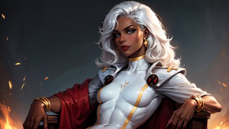 (realistic:1.5), beautiful futanari, (seated:1.3), mature, age 21, (small penis, erection:1.5), (precum drip:1.3), (testicles:1.0), (cum on penis:1.1), knees to chest, small demure smile, (slim, slender, skinny:0.9), narrow hips, slender thighs, medium breasts, serious, (clothing aside:1.1), highly detailed background, (OverallDetail:1.1), EyeDetail, fFaceDetail, fHandDetail, HairDetail, looking at viewer, sexy, provocative, flushed cheeks, blush, after sex glow,  CARTOON_X_MENs_Storm, ownwaifu, long hair, white hair, dark skin, dark-skinned female, breasts, lips, blue eyes, very dark skin, lipstick, floating hair, very long hair, makeup, big hair, curly hair, red lips, eyelashes, toned, jewelry, earrings, cape, bracelet, bodysuit, gloves, superhero, choker, <lora:CARTOON_X_MEN90s_Storm-15:0.7>