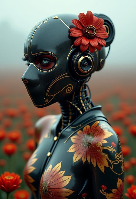 Full body view (cyborg geisha cybernetic organism 32k--9:16-ar) carbon fiber mask, hires professional photography of the highest quality, beautiful face shape, perfect anatomy, expressive gaze, dark sci-fi swamp of rotten flowers, misty fog, cyborg geisha tattoos, blood, withered flowers, brown, black sepia and gold filigree, minimalism. (cyborg geisha, cybernetic organism, full-length, wide angle, centered, no cropping) -- AR 9:16 --style raw --stylize 1000.