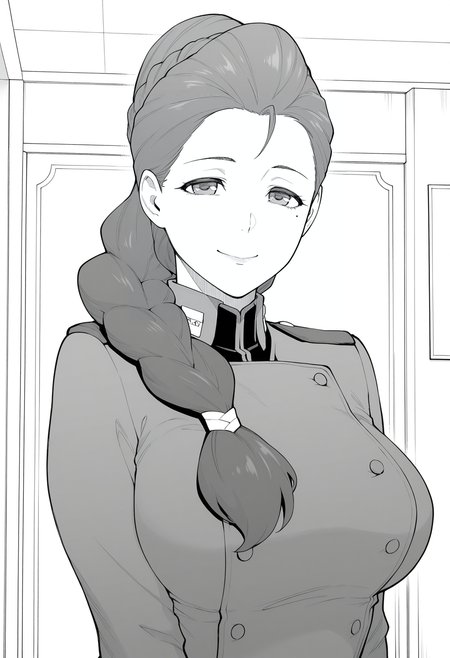 1girl,solo,mm,mature female,mole under eye,braid,braided ponytail,hair over shoulder,greyscale, monochrome, 
uniform,military uniform,upper body, looking at viewer, smile,indoors
,masterpiece,best quality,amazing quality,<lora:Frederica_Herme-Gundam_Valpurgis:0.8>