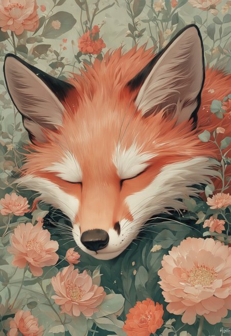 Score_9, score_8_up, score_7_up, score_6 
(dim lighting, light particles, highres, closed_mouth:1.4, absurdres) 
Fl0ralD0lls solo, closed eyes, flower, artist name, signature, no humans, animal, leaf, white flower, fox, sleeping, plant, red flower, pink flower, yellow flower, realistic, animal focus, orange fur, whiskers