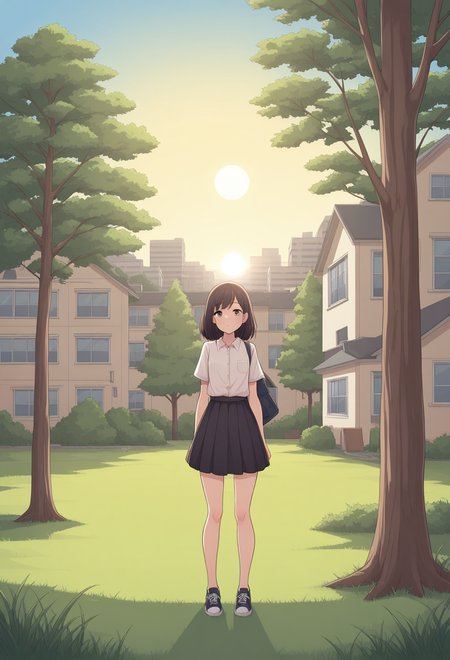 masterpiece, best quality, absurdres, j@b_style,
1girl, standing,
shirt, shoes, skirt,
full_body,
building, window, grass, tree, sun, day,