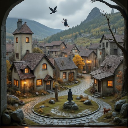 A miniature diorama of a miniature world of a town lined with old buildings reminiscent of medieval Europe, and young, beautiful witches flying on broomsticks in the sky. Each roof and wall has been carefully weathered, and the professional lighting has produced a finish with such exquisite detail that it is indistinguishable from the real thing.
<lora:Flux.1_Turbo_Detailer:0.7>, <lora:Diorama_Flux:0.9>