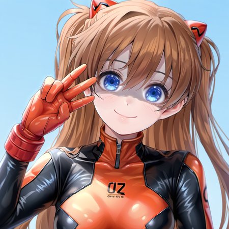 1girl, souryuu asuka langley, by kodoto, blue eyes, brown hair, hair between eyes, interface headset, long hair, looking at viewer, plugsuit, shaded face, smile, solo, upper body,