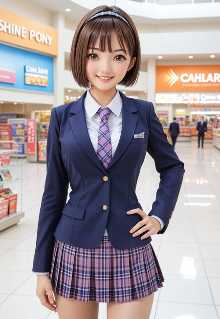 safe_pos, 1girl, solo, looking at viewer, short hair, skirt, shopping mall, mall background, center of attention,  brown hair, white background, brown eyes, school uniform, standing, jacket, cowboy shot, pleated skirt, hairband, necktie, hand on hip, plaid, plaid skirt, bob cut, blazer,  Hoshizaki Ao, school uniform outfit,<lora:Hoshizaki_Ao_Blue_Reflection_Pony:0.95>,  sexy pose, sexy smile,