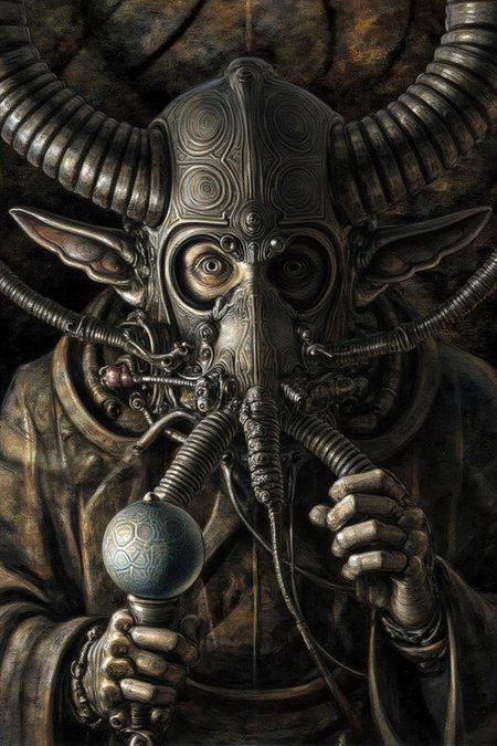 juangimenez1 illustration. An elderly man wearing a steampunk-style horned helmet and breathing apparatus, with mechanical components, holding a spherical scepter. The background is dark and indistinct. <lora:juangimenez1_cap_d8a4e12:1.0><lora:857649699493048901:0>
