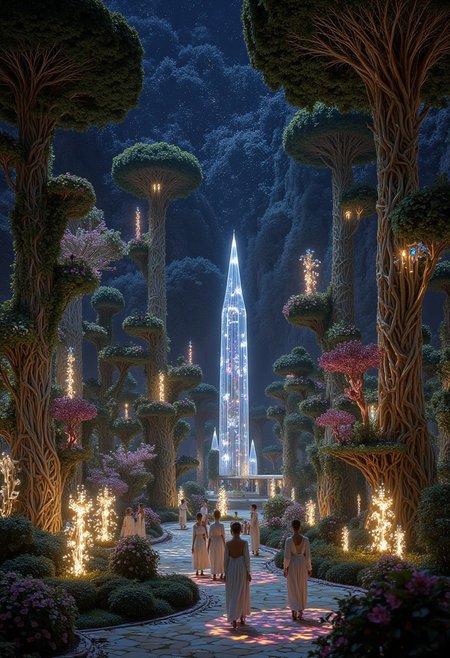 Visualize a vast enchanted forest where giant bioluminescent trees emit soft lights, their intertwining branches forming natural bridges and mystical arches. The forest’s natural architecture is imbued with a fantasy-organic aesthetic, with structures made of interwoven roots and leaves. The landscape comes to life with the rhythmic beat of crystalline waterfalls and the delicate movement of petals floating through the air. Tall crystal towers rise from the grounds, adorned with shimmering gems and filaments of light that emit multi-colored sparkles, reflecting off a twilight sky dotted with sparkling constellations. Imagine fantasy-inspired characters moving joyfully, some riding winged creatures that glow with magical energy, while others cruise through illuminated paths in eco-friendly vehicles powered by natural energy. They wear ethereal, colorful costumes that combine medieval elements with mystical embellishments, enhanced by light fixtures. The air is filled with the rustling of leaves and the soft singing of magical creatures, creating a scene of natural harmony and fantastical wonder.aidmaMJ6.1, perfection style