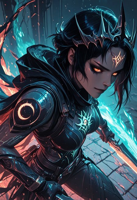 (masterpiece), (best quality), 8k, 1girl, celestial assassin, intense low lighting, glowing crescent blades, purple glow, dual-wielding, shadowed face, glowing eyes, dark eclipse sky behind her, glowing voidlight aura, Void crown, half crescent crown, orange eyes, mystical sigils on ground, long flowing cloak fluttering, sci-fi fantasy armor with celestial patterns, moonlit silhouette, cinematic perspective, ethereal particles, radiant eclipse corona, sleek asymmetrical hairstyle, atmosphere of silent finality, black eyeshadow, Void flames, Burning Cloak, Flaming cloak, 
Action Shot, Slashing blades, Fierce expression, partical effects, dynamic, Dynamic position, Dynamic angle, Combat, intense, intense expression, Anger, half smirk, sprinting at viewer, ready to strike, 
Unique, close up, cowboy shot, dutch angle, foreshortening, 
From above, Looking at viewer, Close up, Face Focus,
