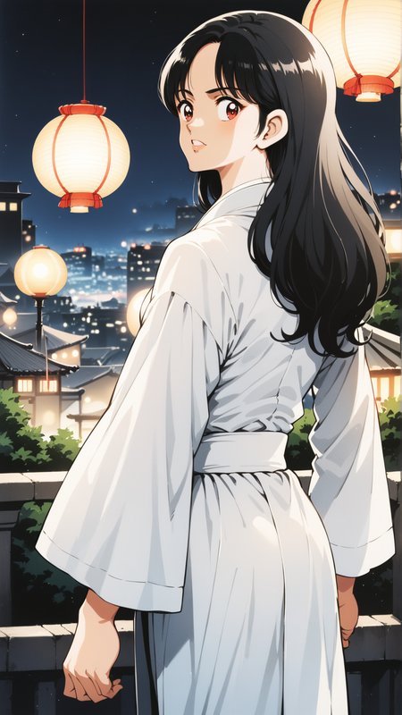 score_9, score_8_up, score_7_up, BREAK   <lora:Adachi_XL_PONY:1>
1girl, long hair, black hair, red eyes, overlooking city, night, cityscape, detailed background, intricate details, highly detailed, ultra detailed, hyper detailed, complex background, lanterns, street, glowing, soft lighting, highres, masterpiece, best quality, anime screencap, traditional clothes, white outfit, standing, confident expression, dynamic pose, serene atmosphere