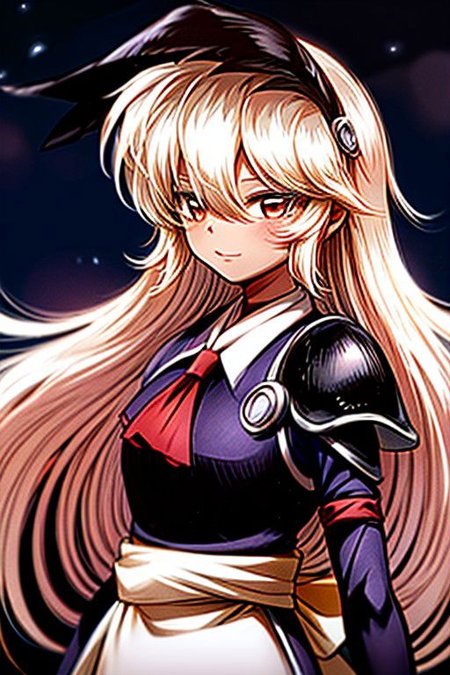 best quality 1girl Setsun4 solo long hair,  (night time) forest background black hair very long hair purple eyes multicolored hair armor, small, (fur trim) (medium body),<lora:EMS-179-EMS:0.800000>,<lora:EMS-293862-EMS:0.800000> bow, hair_bow, hair_tubes, red_bow, brown_hair, long_hair, bangs, ascot, frilled_bow, yellow_ascot, blush, smile, hair_between_eyes, athletic, armor, miko, strengthmda,  Smiling, happy, helmet