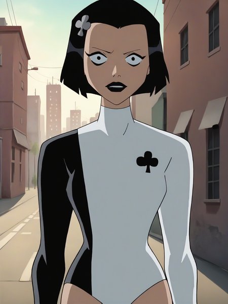 <lora:AcePony1.0:0.85> ace, 1girl, black hair, solo,  white leotard, short hair, hairclip, black lipstick, long sleeves, bob cut, looking at viewer,simple background,club \\(shape\\) upper body, cowboy shot,score_9, score_8_up, score_7_up, score_6_up, score_5_up, score_4_up city, cityscape,