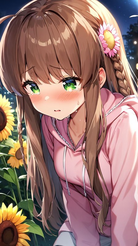 masterpiece,best quality,very aesthetic,absurdres, <lora:XL kanbe_kotori:1>,1girl,kanbe_kotori,solo,Standing on the ground,frontal,front view,Positive por,masterpiece,best quality,very aesthetic,absurdres, kanbe_kotori, 1girl, flower, night, 1boy, solo focus, ahoge, close-up, outdoors, blush, hood, sidelocks, parted lips, hood down, pink flower, pink hoodie, sunflower, crying, hoodie, sweat, casual