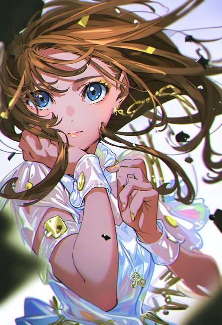 1girl, solo, brown hair, blue eyes, jewelry, earrings, floating hair, looking at viewer, long hair, blurry, see-through, upper body, wrist cuffs <lora:yoneyamaiXL_NBVP1_lokr_V6311P:0.95>