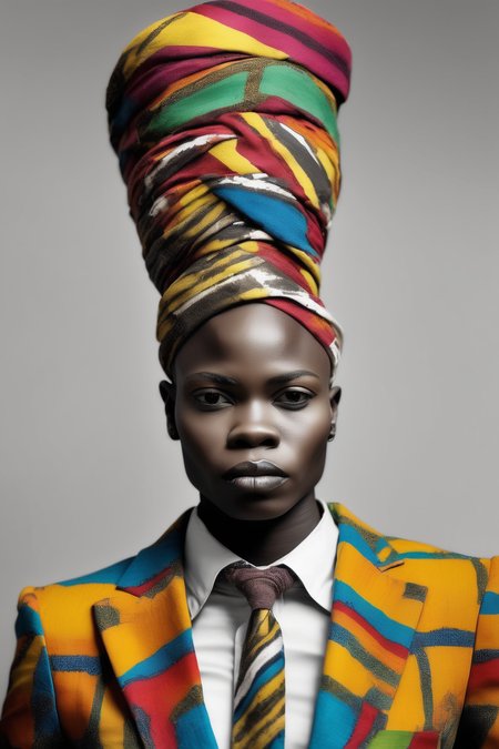 <lora:Zanele Muholi Style:1>Zanele Muholi Style - Dramatic Portrait of a Gender Nonconforming Individual, bathed in soft natural light, wearing a vibrant traditional African headwrap and a modern suit, challenging societal norms and celebrating individuality.