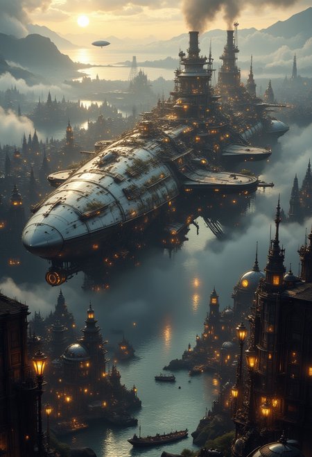 "An expansive steampunk landscape set in a misty, industrial harbor. Towering brass and copper buildings, adorned with intricate gears, pipes, and steam vents, line the water’s edge. Rising from the misty waters is a colossal, futuristic spaceship with sleek, silver hulls and glowing, iridescent energy cores, now repurposed as a bustling, makeshift city. Its massive thrusters are overgrown with vines and retrofitted with steam-powered turbines, while scaffolding, walkways, and spiral staircases crisscross its exterior.
The ship’s decks are alive with activity: market stalls under glowing lanterns, steam-powered cranes lifting goods, and residents traversing on mechanical gondolas. Smokestacks on the ship and surrounding buildings puff rhythmic clouds into the air, blending with the golden light of a setting sun. In the background, distant mountains punctuated with clockwork machinery and floating dirigibles complete the fusion of steampunk ingenuity and futuristic technology.