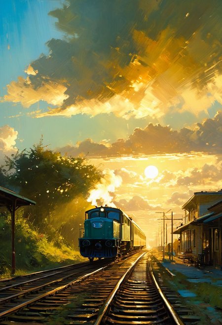 ((masterpiece, best quality, high quality, highres, ultra-detailed)),  ,a moving train <lora:soldart:0.6> <lora:AngelicAI:0.1> <lora:add_detail:1>,, against the background of the a moving train, blue sky, sunny day, epic clouds, (oil painting:0.1),  (best quality, 8K, high resolution, extreme detail, outstanding composition:1.4), art by Jeremy Mann, god rays, dramatic light,   (oxygen-rich air and sheltered atmosphere, , aesthetic of hard - edge painting:0.1),