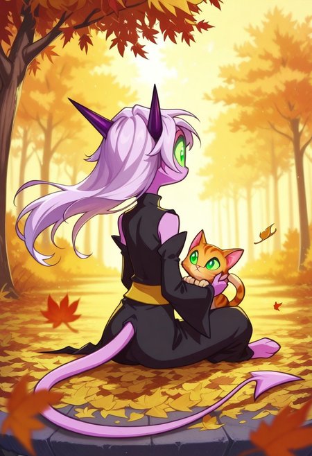 Dreamkeepers,Prelude_Namah,,demon tail, green eyes, horns, 
solo, 1girl, child,
realistic, , sitting, from behind, petting a cat, orange cat, cute, long_hair, detached sleeves, ,floating hair, falling leaves, silver, autumn_theme, outdoors, nature, depth of field, masterpiece,best quality,amazing quality,