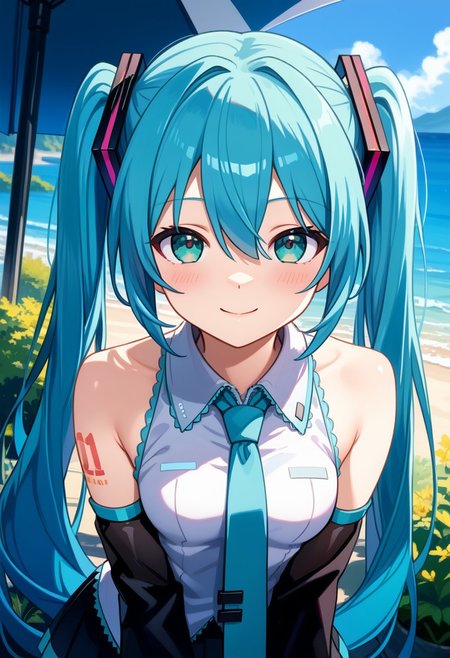 score_9,score_8_up,masterpiece,best quality,correct anatomy,anime_source,1girl,solo,perfect eyes,perfect arms,perfect legs,perfect face,outdoors,upper body,(portrait:1.5),looking at viewer,facing viewer,smile,blush,hatsune miku,absurdly long hair,aqua hair,twintails,hair ornament,sidelocks,hair between eyes,parted bangs,aqua eyes,white shirt,collared shirt,bare shoulders,sleeveless shirt,aqua necktie,detached sleeves,black sleeves,shoulder tattoo,fringe,black thighhighs,miniskirt,pleated skirt,zettai ryouiki,thigh boots,<lora:Hatsune Miku(voi)-Pony:1.4>,