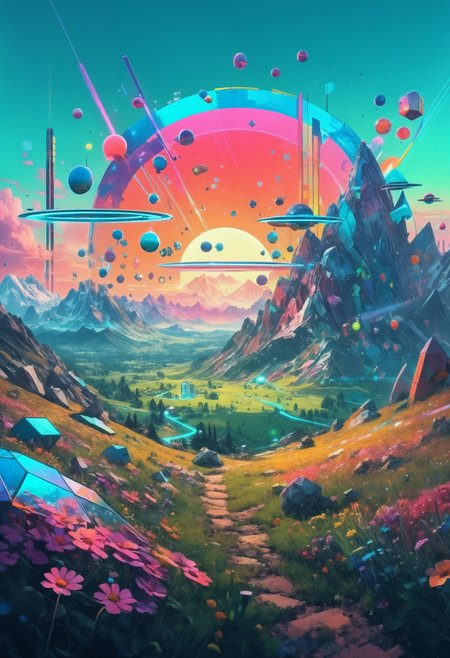 Painting of a futuristic alpine meadow in the style of (Beeple:1.5) and (Eduardo Kobra:1.5), sunset, <lora:add-detail-xl:1>