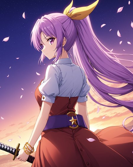 watatsuki no yorihime,1girl, solo, ponytail, bracelet, hair_bow, katana, looking_back, belt, petals, hair_ribbon, from_behind, wind, dress
<lora:watatsuki_no_yorihime_image737_2023-12-20:1>,star-shaped_pupils,symbol-shaped_pupils,. gorgeous,key visual, vibrant, studio anime,award-winning, professional, highly detailed,high budget, cinemascope