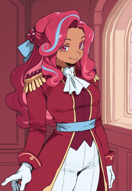 whoopsatr,  anime, masterpiece, best quality, detailed background, 8k, 1girl, solo, raspberry cookie, tan skin, pink hair, long hair, blue hair ribbon, white eyelashes, pink eyes, cravat, red coat, epaulettes, blue waistband, white gloves, white pants, standing, castle wall, indoors, face close-up, smile, half body, staring at viewer, no pose,