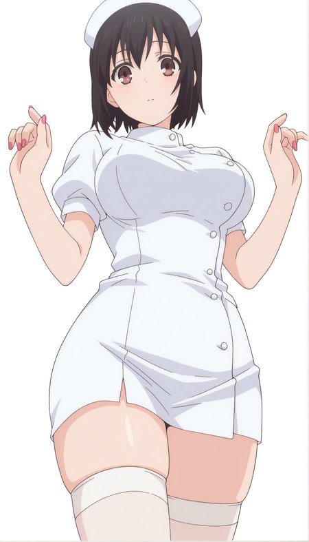 <lora:ILXL_KotoneShirakawa_OF_Mornix:1> kotoneofdef, brown eyes, black hair, short hair, anime screencap,
solo, thighhighs, breasts, white thighhighs, white background, nurse cap, simple background, short sleeves, hat, nurse, dress, white dress, skindentation, puffy sleeves, looking at viewer, nail polish, puffy short sleeves, zettai ryouiki, skirt, white headwear, short dress, hands up, fingernails, thighs
masterpiece,best quality,amazing quality,