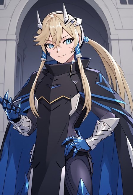 score_4,score_5,score_6,score_7_up,score_8_up,score_9 ((masterpiece,best quality,ultra detailed,highres,HD,4k:1.2)),
1 girl, solo, long hair, ponytail, blue eyes, sharp eyes, slanted eyes, hair tube, hair between eyes,facial scar, bangs, headgear,
cape, cloak, armor, spikes, gauntlets, 
standing,hand on hip,
smile,JSK Studio