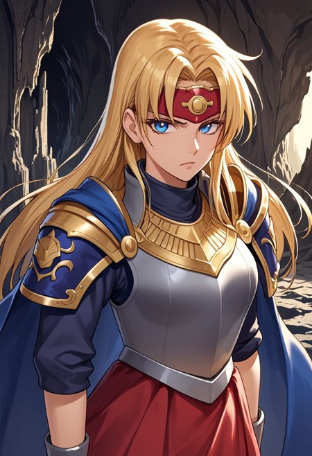 score_9,score_8_up,score_7_up,source_anime,5_figner,2d_animation,game cg,BREAK,1girl,solo,Sonya,blonde hair,long hair,blue eyes,blue cape,armor,headband,shoulder pads,breastplate,shoulder armor,shoulder armor,pauldrons,red skirt,knee boots,
front view,standing,looking at viewer,serious,upper body,
Watergate,Cave,indoor,
masterpiece,best qualit,ultra-detailed,illustration,an extremely delicate and beautiful,beautiful detailed eyes,unity 8k wallpaper,high resolution,anime CG,official_art,