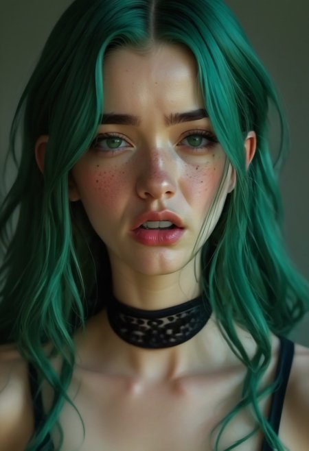 Realistic, realism, 4K, hi-res, Daphne, 20, green hair, freckles, black collar, front facing, (angry), (enraged), wild,