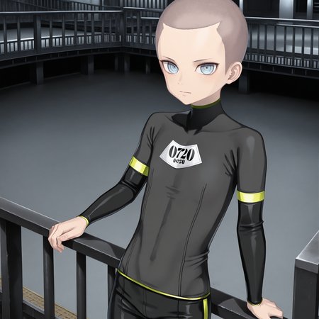 <lora:Minato_Shuuichirou_1_nai-000097:1>,Minato Shuuichirou,adult,very short hair,
prison uniform,hands,black bodysuit,hands,
1boy,solo,looking at viewer,bridge,railing,against railing,hand on railing,standing,arm_on_railing,arm support,indoors,prison,