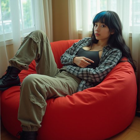candid photo of a young woman around 19, Asian American. Mixed Japanese and philipina ethnicity.
Alt style, slightly 1990s Seattle and early 2000s hot topic aesthetics in her dress and makeup. Hint of emo or scene girl style. Tomboy and goth style and attitude.
The woman is reclining on a red beanbag chair, looking stunning and casual. She's looking off to the side in a candid moment. Indoors, flash photography. 1990s film stock and grain.
She's wearing a baggy grey flannel shirt over a tight tank top. Baggy khaki cargo pants with combat boots. Long black hair with a bright blue highlight. Actual 1995 film print photography, Amateur photography, 2005 blog