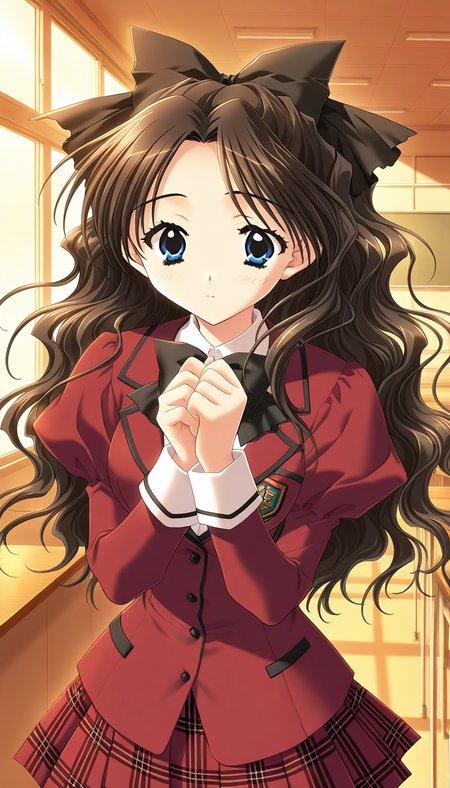 general,highres, ultra-detailed,very aesthetic,best quality ,best hands,  BREAK <lora:Shirai_Yuuri_IS:1>ShiraiYuuri, 1girl, long hair, brown hair, blue eyes, hair bow, ribbon, black hair, wavy hair, hair ribbon, breasts,
 school uniform, red skirt, black bow, plaid, plaid skirt, long red sleeves, bowtie, pleated skirt, own hands together, jacket, puffy sleeves,
crass room,