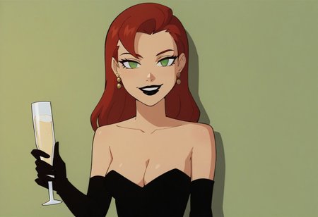 score_9, score_8_up, score_7_up, solo, 1girl, lipstick, red hair, long hair, green eyes, no pupils, strapless dress, black dress, black elbow gloves, looking at the side, earrings, Veronica Vreeland, leaning on wall, cleavage, cup, holding cup, smile, drinking glass