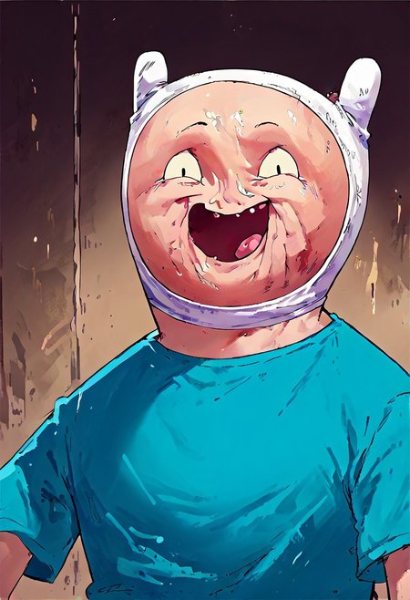 score_9, score_8_up, score_7_up,  MEATMAN f1nn4,1boy,finn the human,adventure time,solo, waving at the viewer, smile, face punch,<lora:Adventure_Time_Style_LORA:1> dot eyes, blue shirt, open mouth, absurdly grotesque
