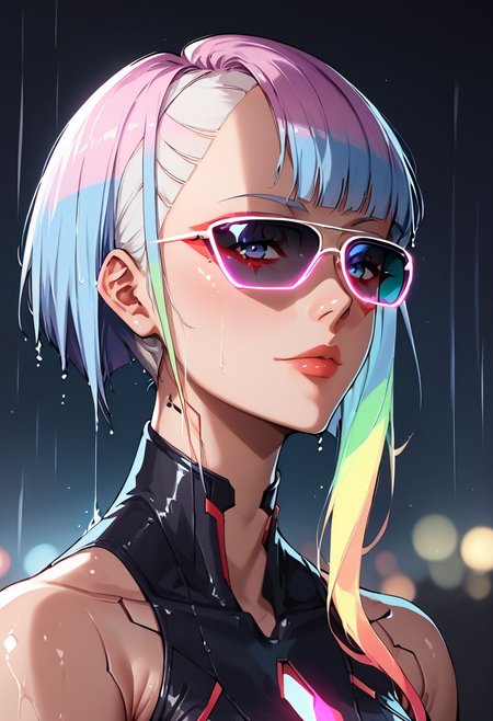 score_9, score_8_up, score_7_up, source_anime, portrait, depth of field, 1girl, lucy \(cyberpunk\), short hair, bangs,  glowing neon multicolored hair, multicolored eyes, red eyeliner, glowing neon makeup, bare shoulders, black belt, bodysuit, white open jacket, looking at viewer, light smile, glowing neon aviator sunglasses, n30n, neon lights, rain, xenotr1p, noir, cyberpunk,