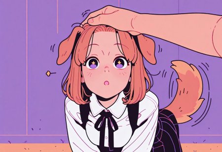 flat_colors, Flatline, Flat vector illustration,
dynamic pose,

1girl,
dog girl, dog ears, dog tail,
POV headpats, hand on head,
skirt, wagging tail, looking up at viewer,

incoth, (incase:0.6), artist:moriimee,