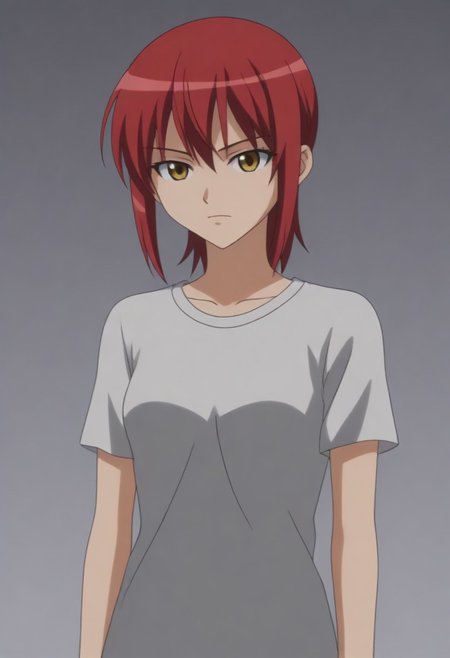 source_anime, anime screencap, source_anime, auratheguillotine, anime screencap, masterpiece, source_anime, shiny skin,,,,,,black t-shirt,1girl, solo, rza, red hair, yellow eyes,